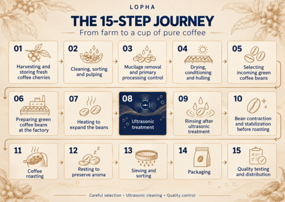 Infographic showing LOPHA’s 15-step coffee production process, from harvesting coffee cherries through ultrasonic treatment to roasting, packaging and distribution.